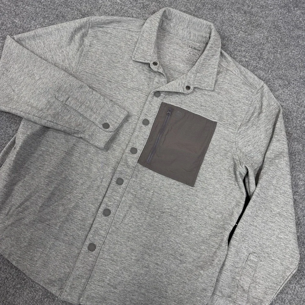 LL Bean Shirt Jacket Men XL Gray Snap Button Sweatshirt Shacket Pockets
